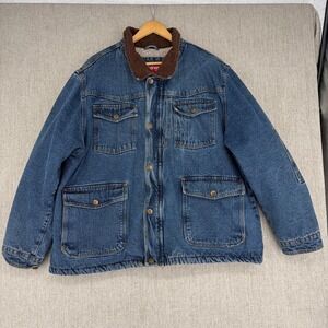 VTG Wrangler Jacket 2XL Blue Sherpa Denim Chore Coat Corduroy Collar Barn Trucke